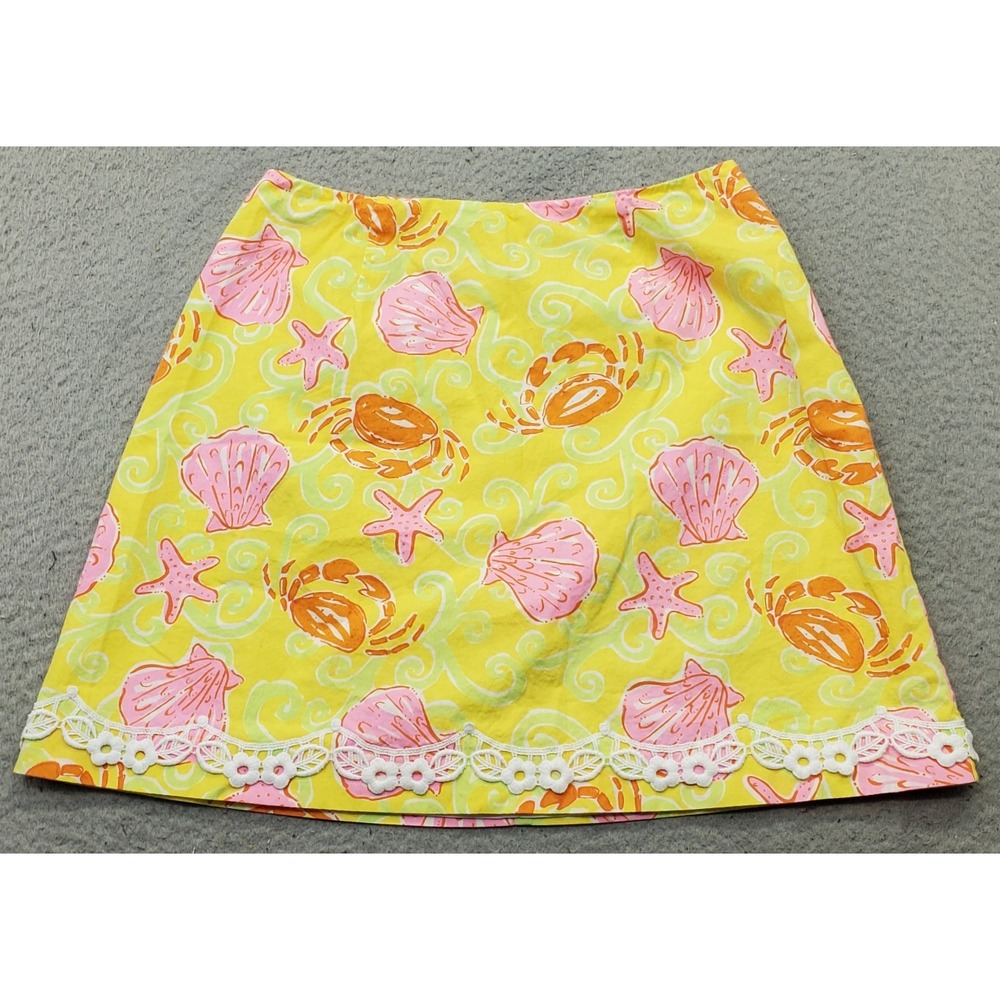 Lilly Pulitzer Mini A-Line Skirt Womens 4 Yellow Seashell Crab Print Lace Trim